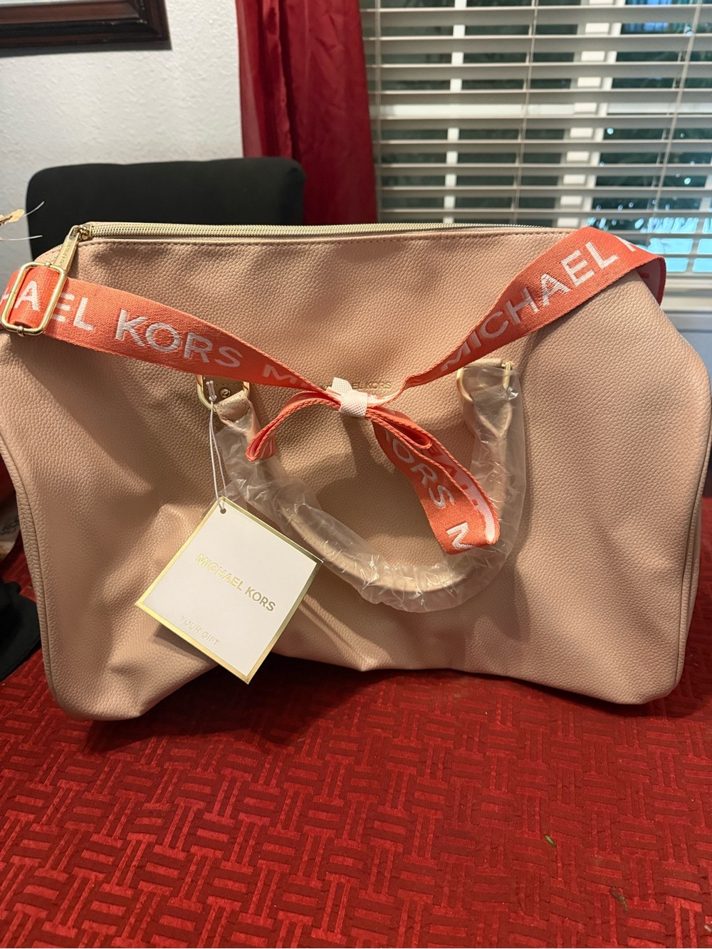 Michael Kors Pink Leather Tote with Coral Logo Strap